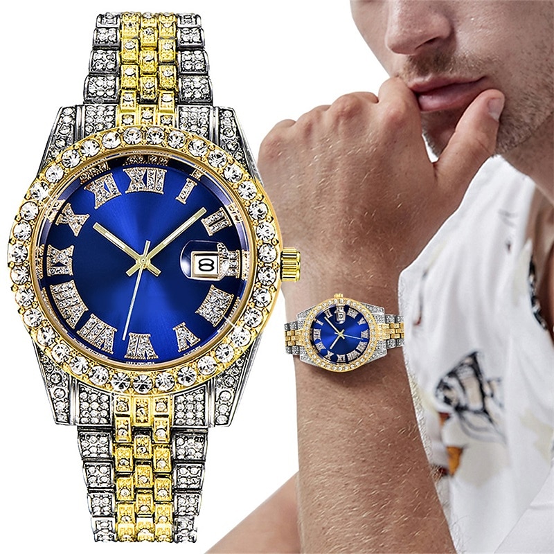 Men's Quartz Watch with Chain Bracelet Set Fashion Luxury Bling Diamond Hiphop Analog Men Quartz Wristwatch Calendar Waterproof Men's Watch 2025 - $19.99 –P1