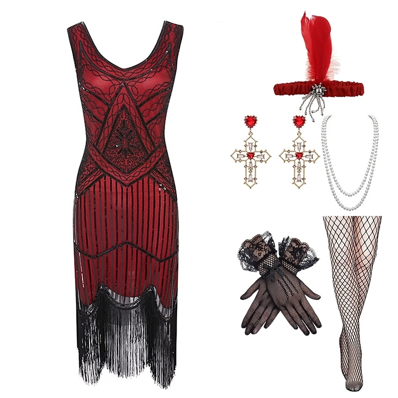 Φόρεμα gatsby flapper της δεκαετίας του 1920 με σετ αξεσουάρ της δεκαετίας του 20 γυναικείες παγιέτες κοστούμι με φούντα κρόσσια ρετρό vintage cosplay party & βραδινό κοκτέιλ φόρεμα 2025 - $58.99 –P7