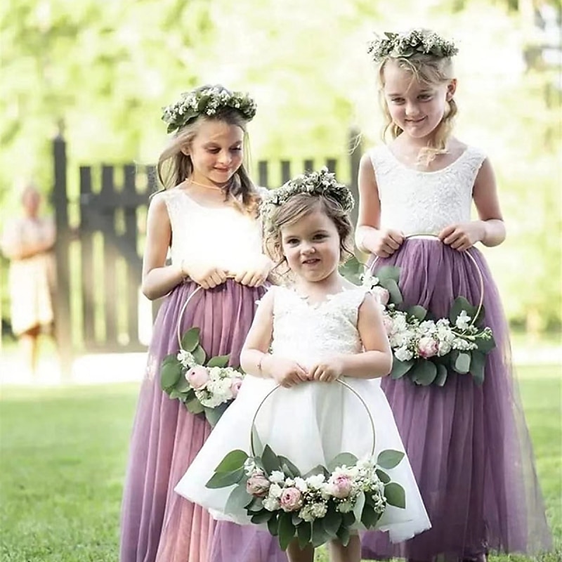 Blumenmädchenkleid Mädchen Party Kleid Leistung Hochzeit Party Prinzessin Süß Gitter Feste Farbe Ärmellos Rundhalsausschnitt Weiß Rosa 2-12 Jahre 2025 - $34.99 –P17
