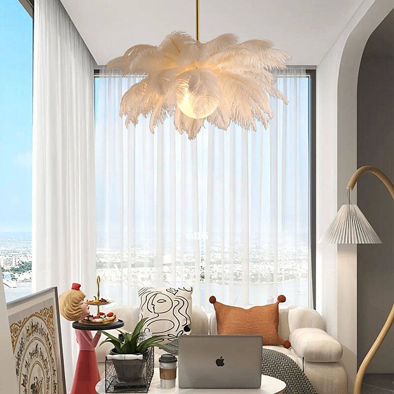 candelabru cu pandantiv cu LED superb, extra mare, 60 cm, 1 lumină, buchet de pene de struț alb, pandantiv, corp de iluminat montat romantic pentru dormitorul restaurantului 2025 - $349.99 –P5