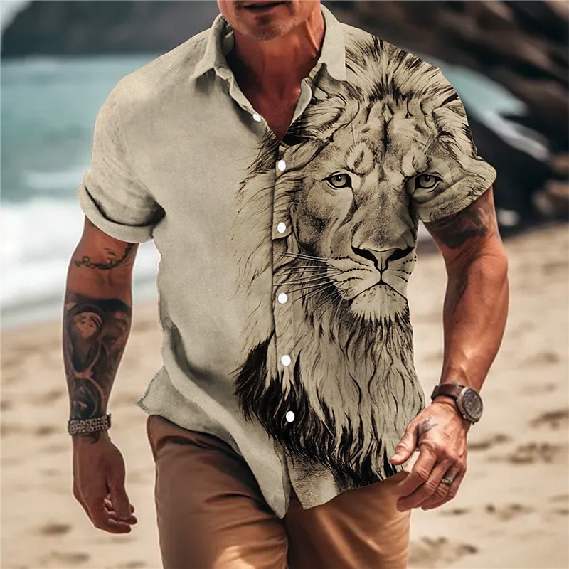 Per uomo Animali Leone Camicia Camicia con bottoni Manica corta Di tendenza Originale Informale Esterno Informale Estate Primavera Collo ripiegabile Stampa Blu Marrone Cachi Grigio del 2025 a $24.99 –P1