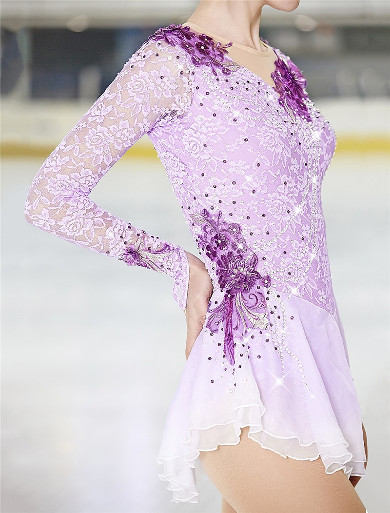 Vestito da pattinaggio artistico Per donna Da ragazza Pattinaggio sul ghiaccio Vestiti Completi Lilla Nero Bianco Collage Retato Elastene Di pizzo Elevata elasticità Competizione Vestiti da del 2026 a $165.99 –P4