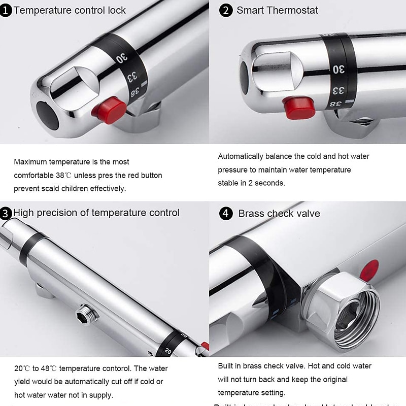 Thermostatic Shower Mixer Bar Wall Mounted Chrome, Shower Mixer Tap with 38℃ Anti Scald Safty Button, Outlet G1/2 Round Mixer Bar Wall Mount 2026 - $110.99 –P8