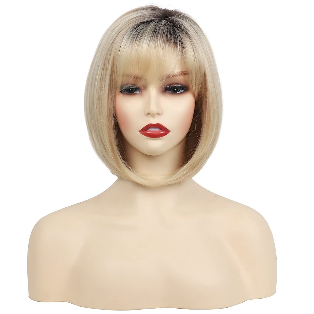parrucca corta da pixie bob con riflessi biondi con frangia parrucca sintetica bionda ombre dritta con parrucche bionde a strati di radici scure per le donne del 2025 a $20.99 –P17