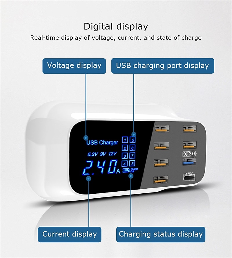 8USB Mobile Phone Fast Charging Digital Display QC3.0 Flash Charging Fast Multi-function PD Fast Charging Multi-port Charger With Display 2025 - $51.99 –P2