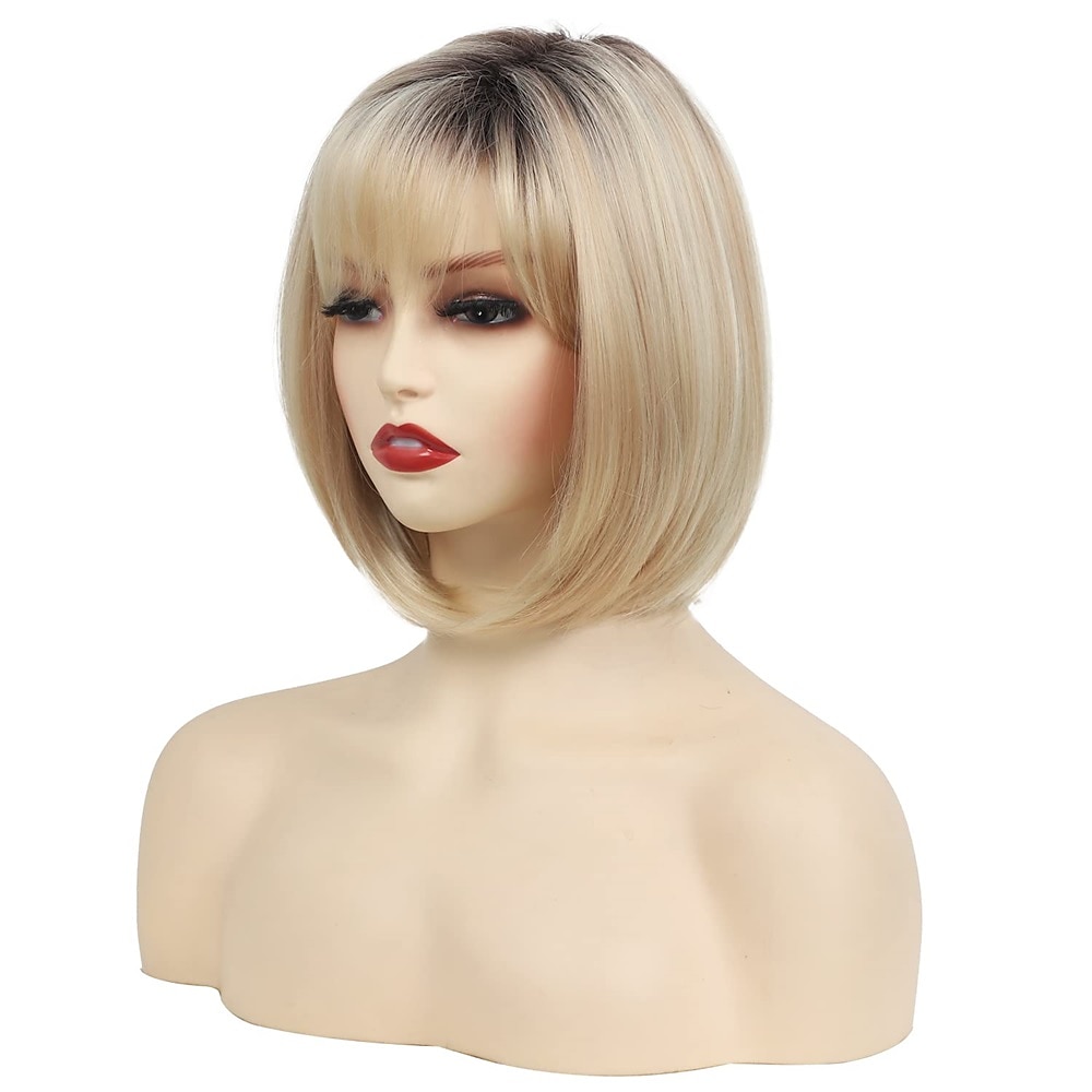 parrucca corta da pixie bob con riflessi biondi con frangia parrucca sintetica bionda ombre dritta con parrucche bionde a strati di radici scure per le donne del 2025 a $20.99 –P16