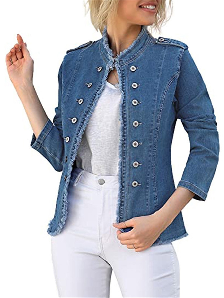 Women's Denim Jacket Outdoor clothing Button Plain Comfortable Streetwear Regular Fit Outerwear Long Sleeve Spring Blue S 2024 - $57.99 –P3