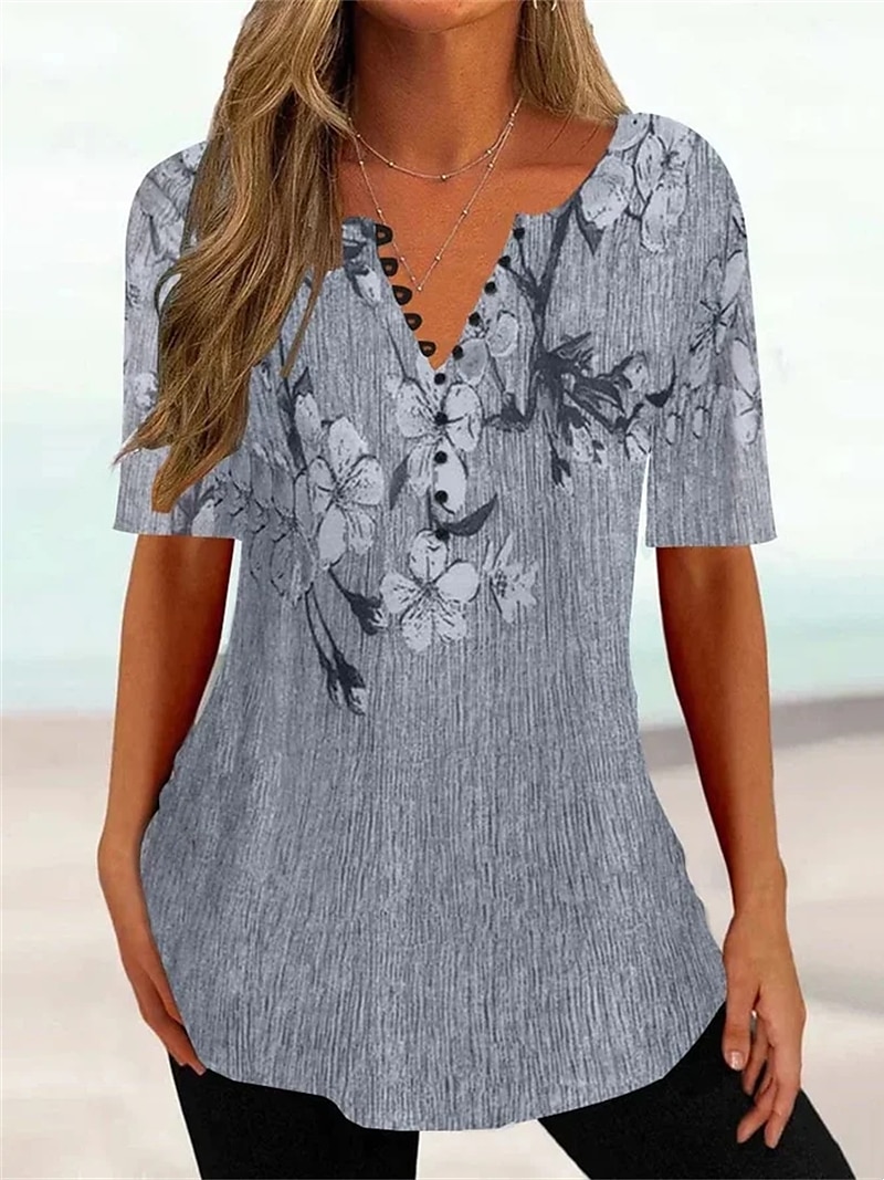 Women's T Shirt Henley Shirt Floral Vintage Tunic Short Sleeve V Neck Regular Tops Casual Daily Print Red Green Gray 2025 - $25.99 –P1