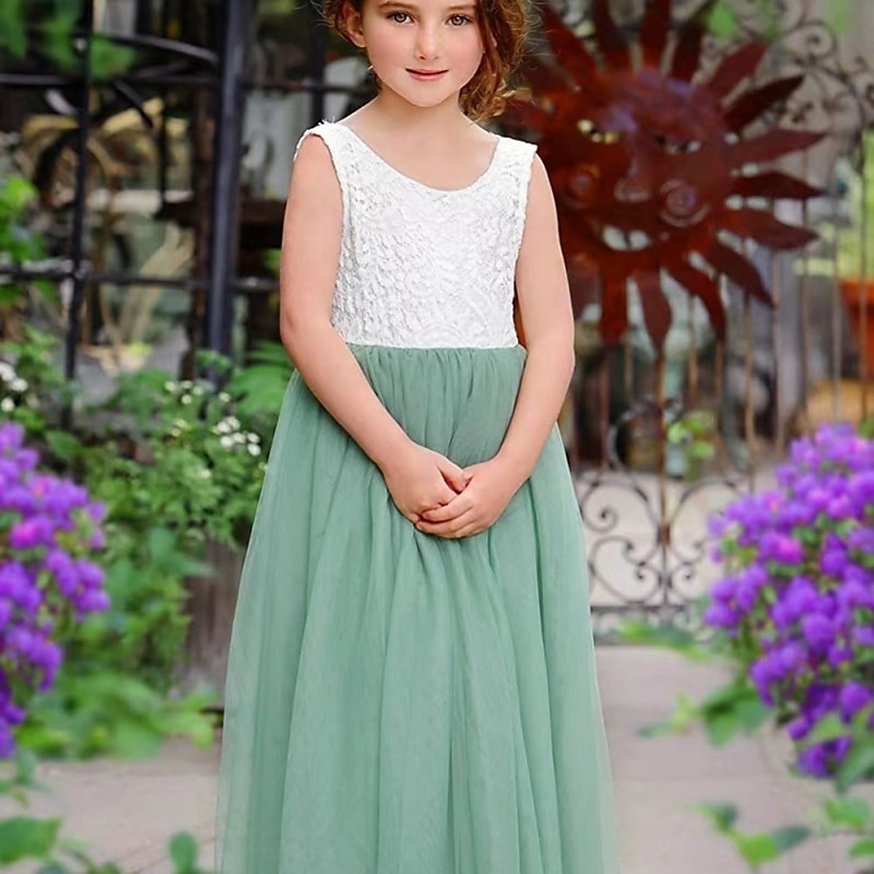 Blumenmädchenkleid Mädchen Party Kleid Leistung Hochzeit Party Prinzessin Süß Gitter Feste Farbe Ärmellos Rundhalsausschnitt Weiß Rosa 2-12 Jahre 2025 - $34.99 –P12