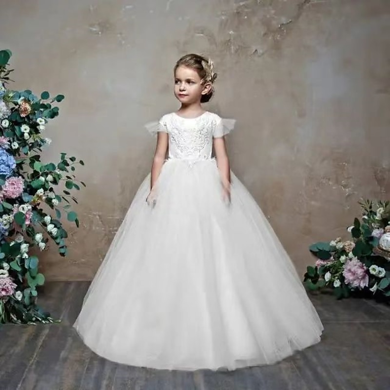 Flower Girl Dress Girls' First Communion Dress Party Dress Performance Wedding Party Princess Sweet Mesh Solid Color Sleeveless Crew Neck White Champagne 2-12 Years 2025 - $65.99 –P5