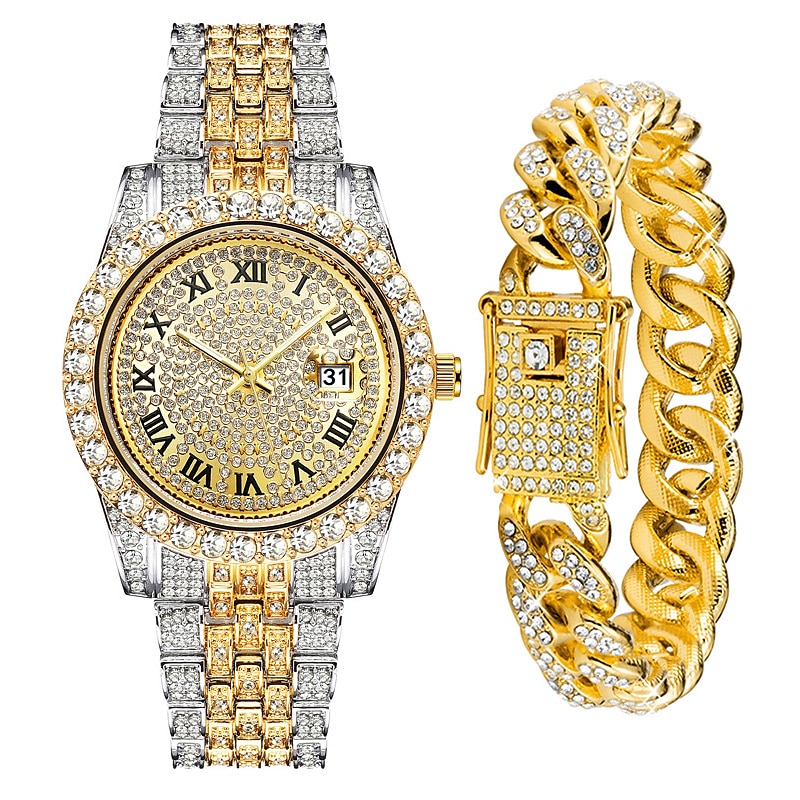 Men's Quartz Watch with Chain Bracelet Set Fashion Luxury Bling Diamond Hiphop Analog Men Quartz Wristwatch Calendar Waterproof Men's Watch 2025 - $19.99 –P6