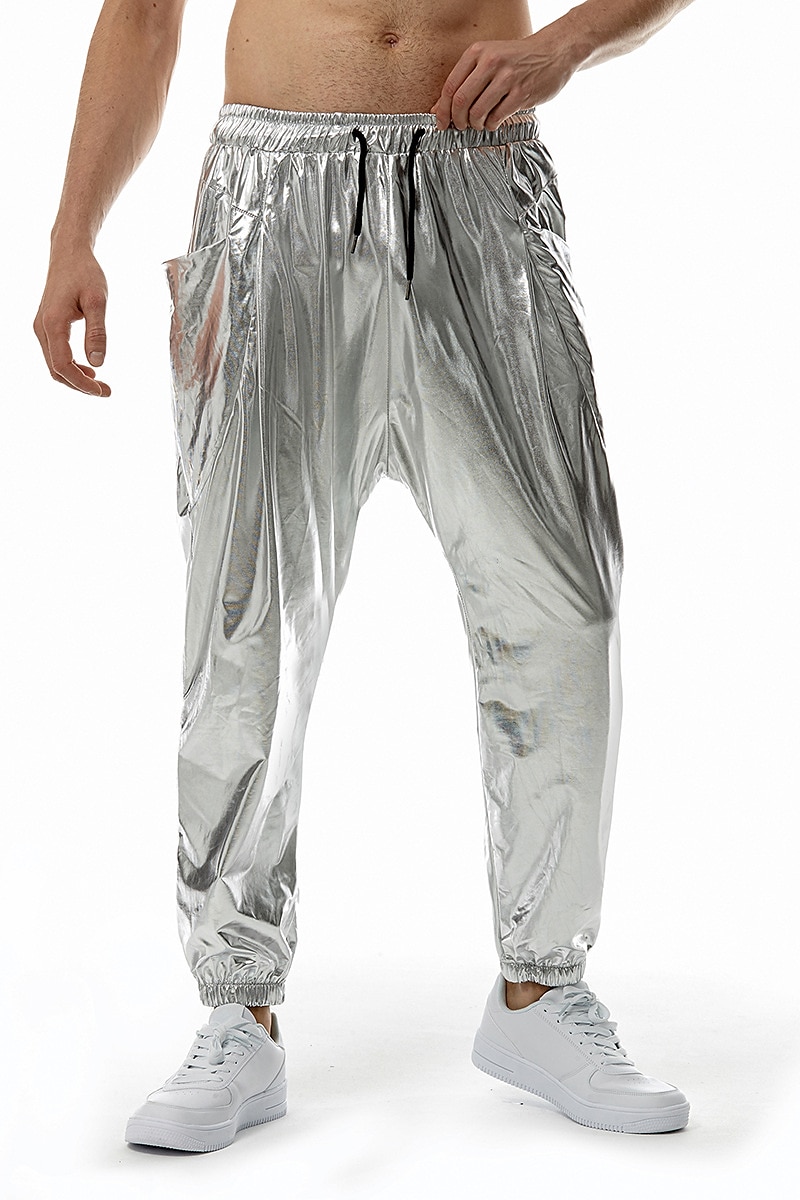 sada s lesklým kovovým tričkem jogger kalhoty 2 ks outfity pánské disco 80. léta cvičení cosplay kostým maškarní karneval párty klub 2025 - $41.99 –P11