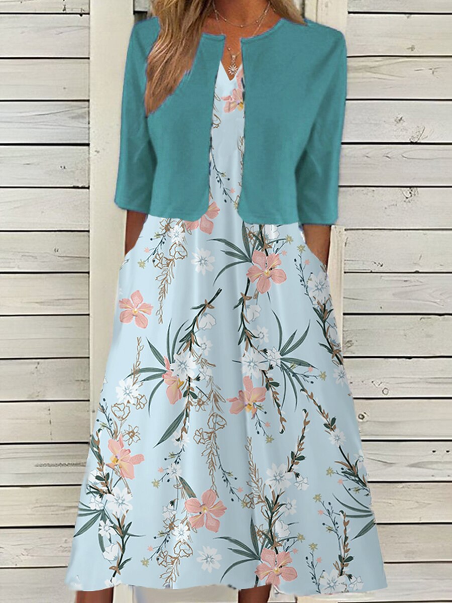 Pentru femei Set de rochii din doua piese Rochie casual Rochie imprimata Zilnic Vacanță Modă Elegant Buzunar Imprimeu Rochii Midi Stil Nautic Manșon Jumate Floral Fit regulat Albastru piscină Var 2025 - $32.99 –P2