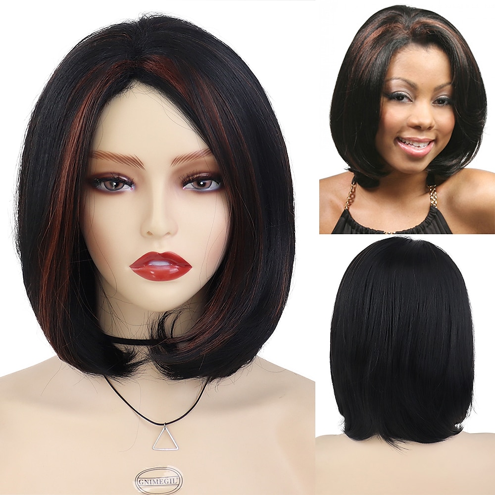 dames korte pruiken synthetisch haar mix bruin kapsel krullende pruiken bob mama pruik natuurlijke highlight pruiken met pony aan de zijkant 2025 - $21.99 –P8
