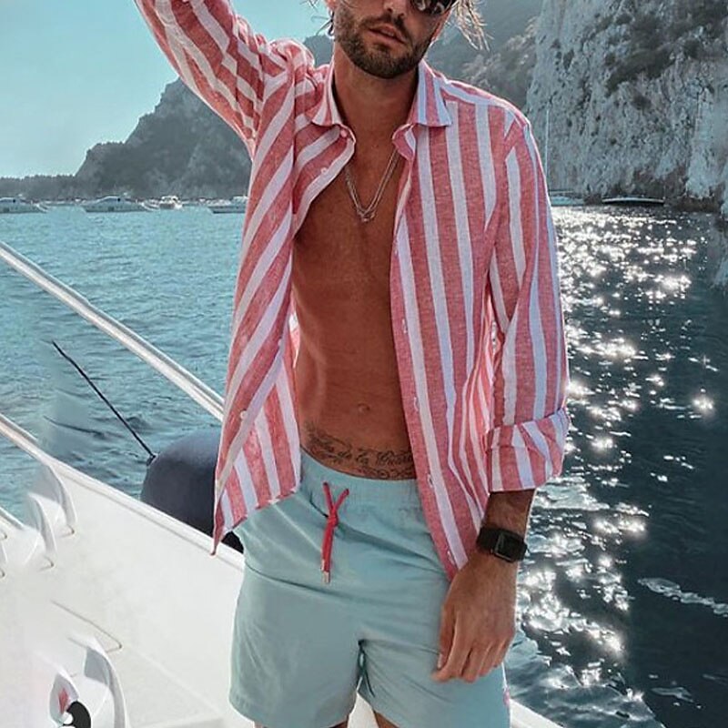 Herren Hemd Sommerhemd Lässiges Hemd Strandhemd Knopfhemd Gestreifte Hemden Rosa Blau Langarm Streifen Kargen Urlaub Täglich Bekleidung Baumwolle Baumwollmischung Modisch Brautkleider schlicht 2025 - $23.99 –P4