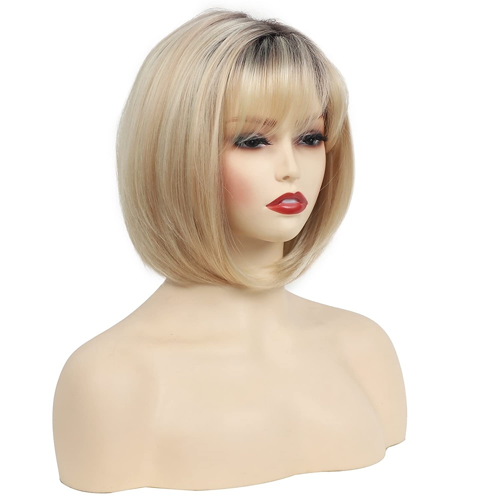 parrucca corta da pixie bob con riflessi biondi con frangia parrucca sintetica bionda ombre dritta con parrucche bionde a strati di radici scure per le donne del 2025 a $20.99 –P18