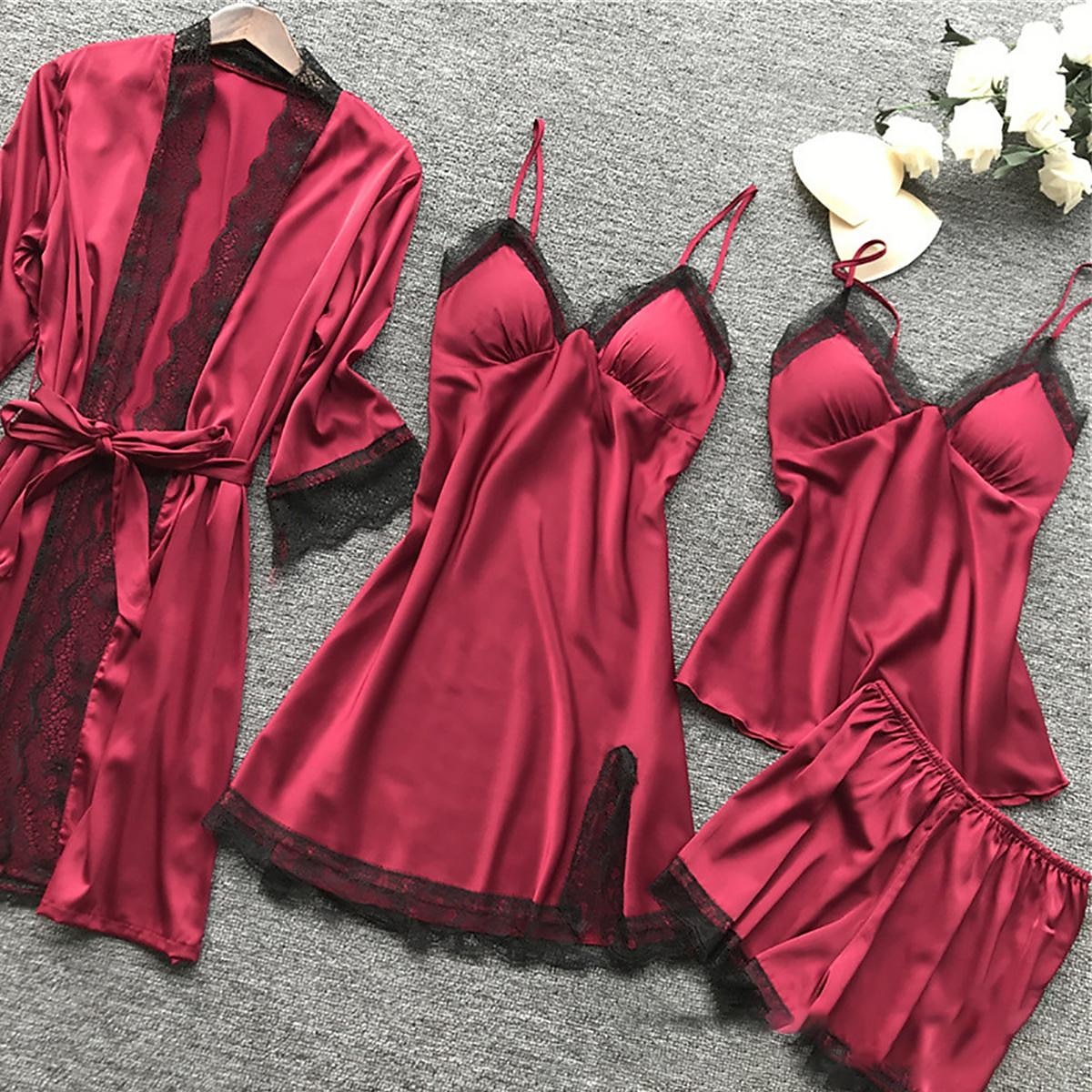 pyjamasset för kvinnor 4 stycken ren färg enkel avslappnad mjuk hem daglig säng polyester andas v wire långärmad dräkt topp shorts resår midja sommar vår hem outfits 2025 - $25.99 –P6