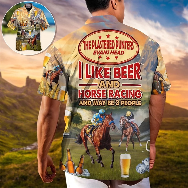 Kentucky Derby Herre Hest Øl Hesteveddeløp Skjorte Hawaii skjorte Skjorte med knapper Kortermet Sport Mote Gatemote utendørs Avslappet Hawaiisk Sommer Vår cubansk krage Trykt mønster Morsomme 2025 - $24.99 –P9