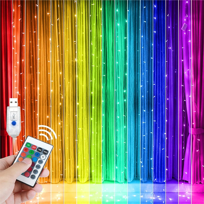 Luces de cortina de ventana de cambio de color 3M x 3M luces colgantes LED alimentadas por USB con control remoto para dormitorio bodas y decoración de paredes - 16 colores 2026 - $49.99 –P4