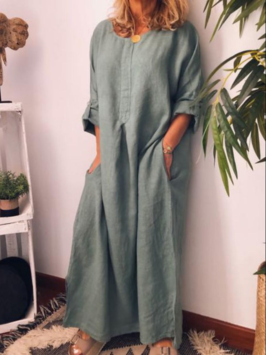 Damen Casual kleid Sommerkleid aus Baumwolle Maxidress Leinen Tasche Täglich Urlaub Rundhalsausschnitt Langarm Sommer Frühling Herbst Schwarz Gelb Glatt 2025 - $26.99 –P1