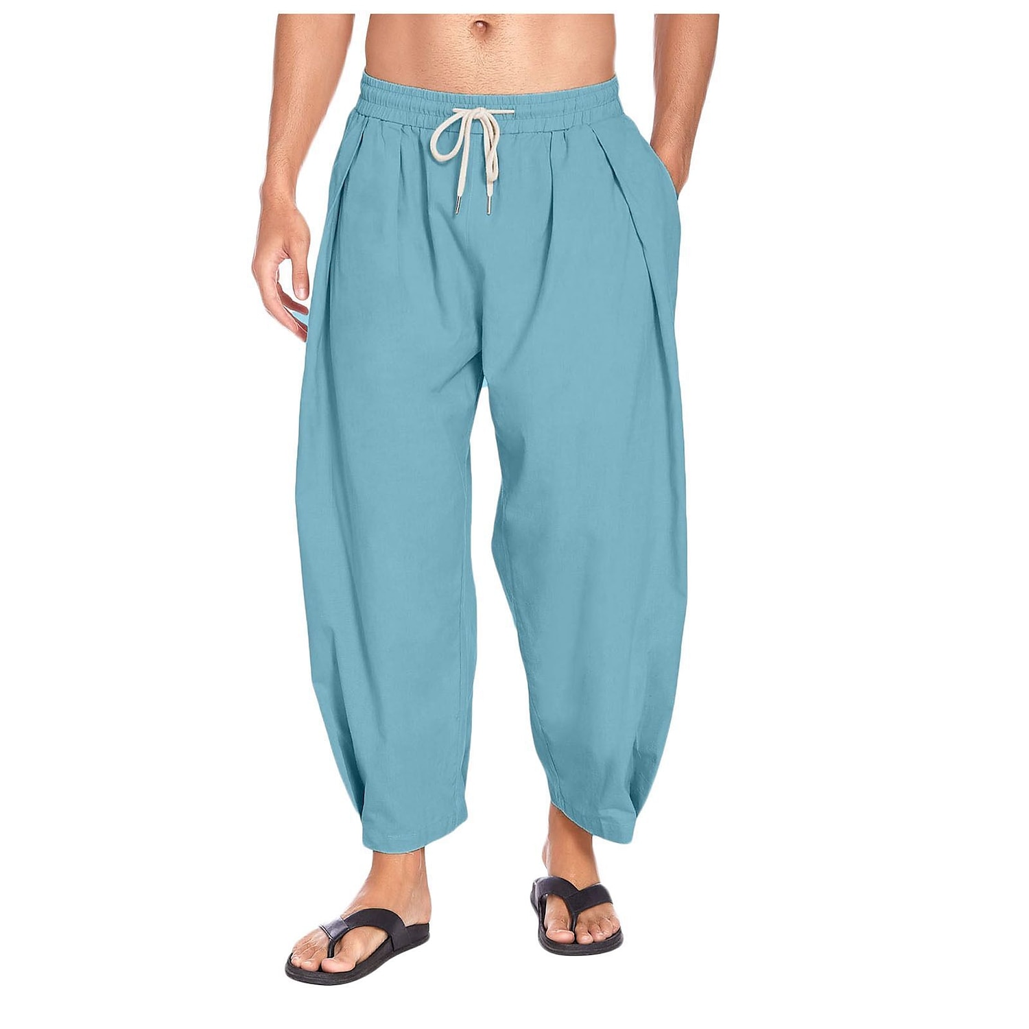 Men's Linen Pants Summer Pants Baggy Harem Pants Boho Pants Elastic Waist  Solid Color Comfort Breathable Casual Daily Beach Linen / Cotton Blend  Hippie Yoga Black White Micro-elastic 2024 - $23.99