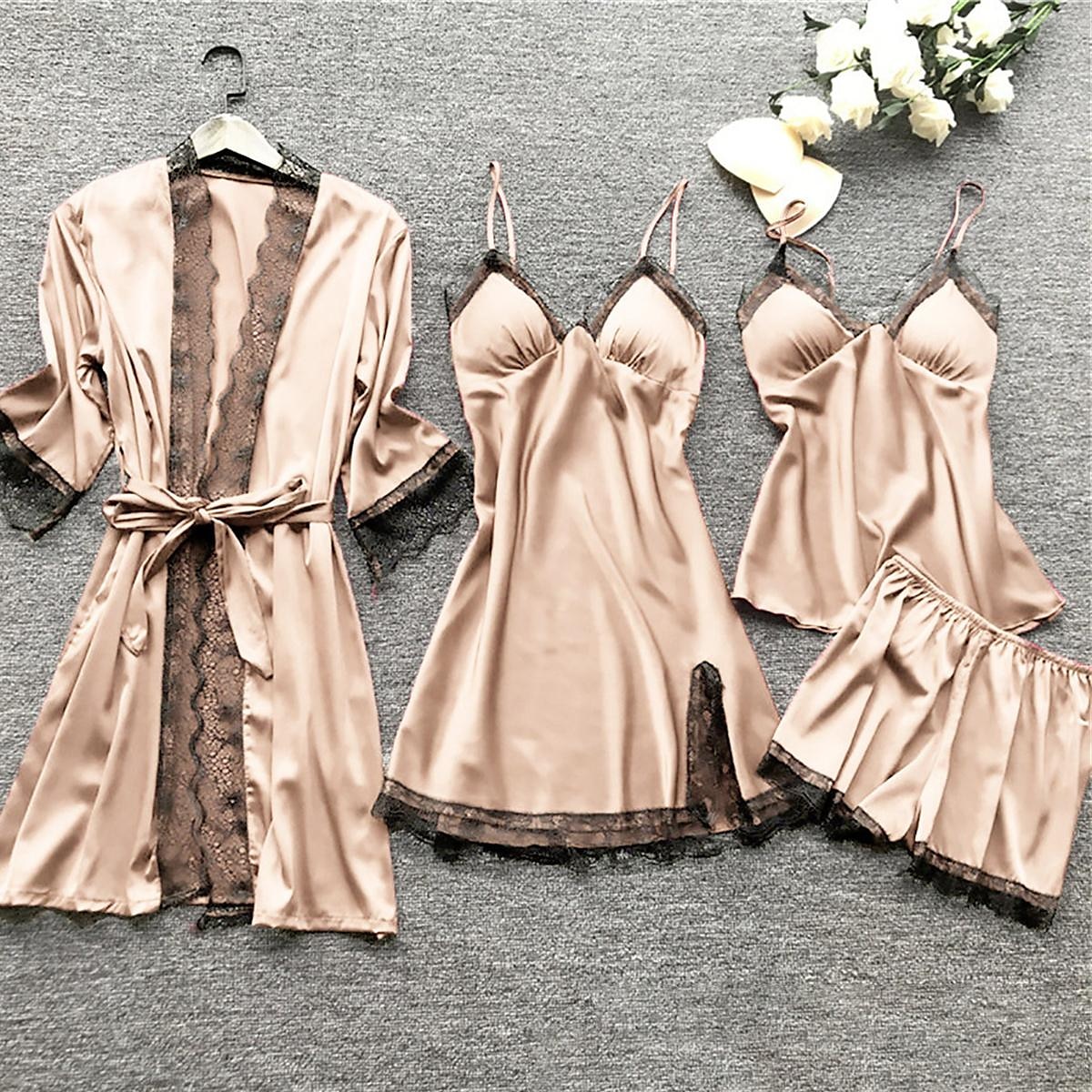 pyjamasset för kvinnor 4 stycken ren färg enkel avslappnad mjuk hem daglig säng polyester andas v wire långärmad dräkt topp shorts resår midja sommar vår hem outfits 2025 - $25.99 –P7
