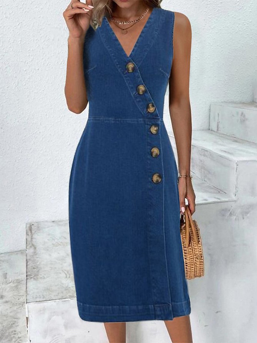 Women's Denim Dress Work Dress Bodycon Midi Dress Denim Fashion Modern  Outdoor Office Daily V Neck Button Sleeveless Summer Spring 2023 Loose Fit  Black Blue Plain S M L XL 2XL 2024 - $31.99