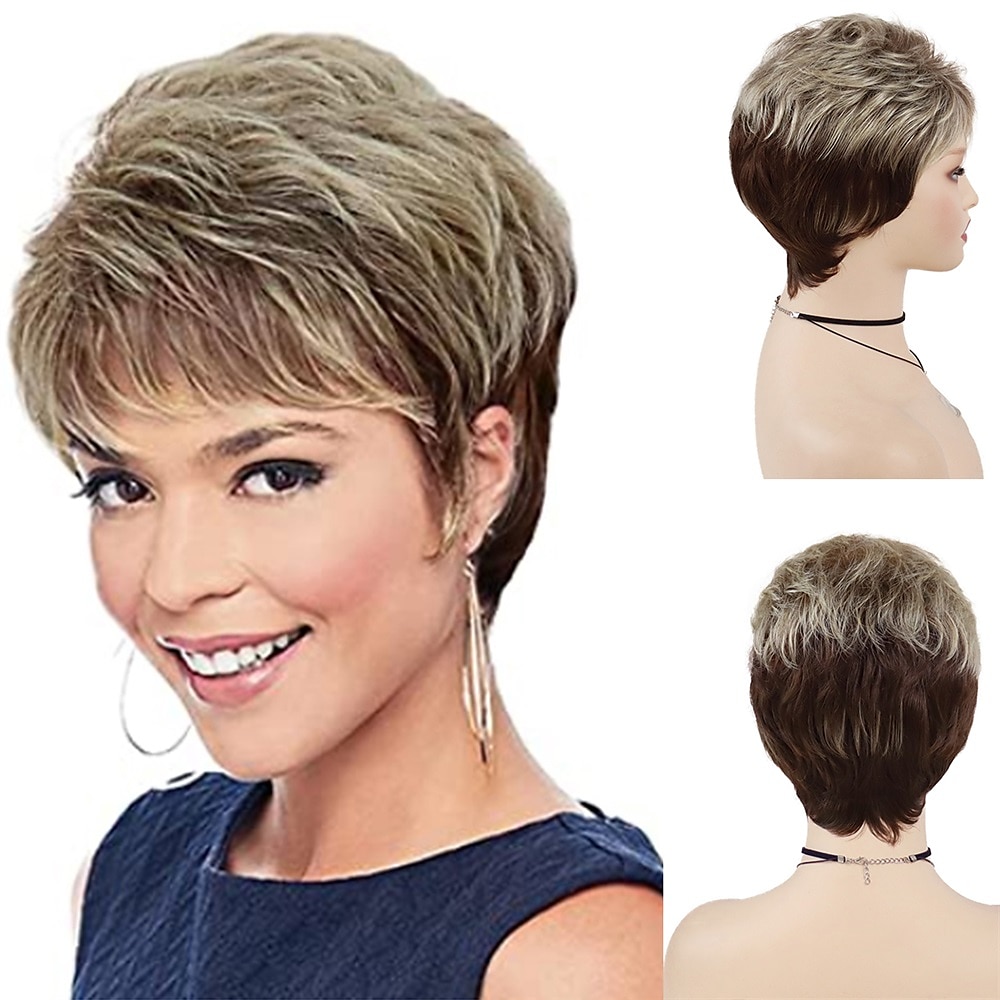 Synthetic Short Wigs for White Women Sandy Blonde Wig with Bangs Mix Brown Color Curly Wig Hair Ombre Elderly Wig Mom 2026 - €17.99 –P7
