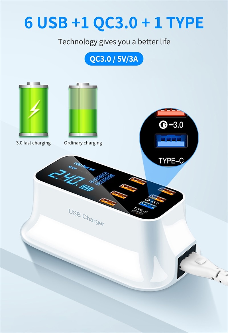 8USB Mobile Phone Fast Charging Digital Display QC3.0 Flash Charging Fast Multi-function PD Fast Charging Multi-port Charger With Display 2025 - $51.99 –P13