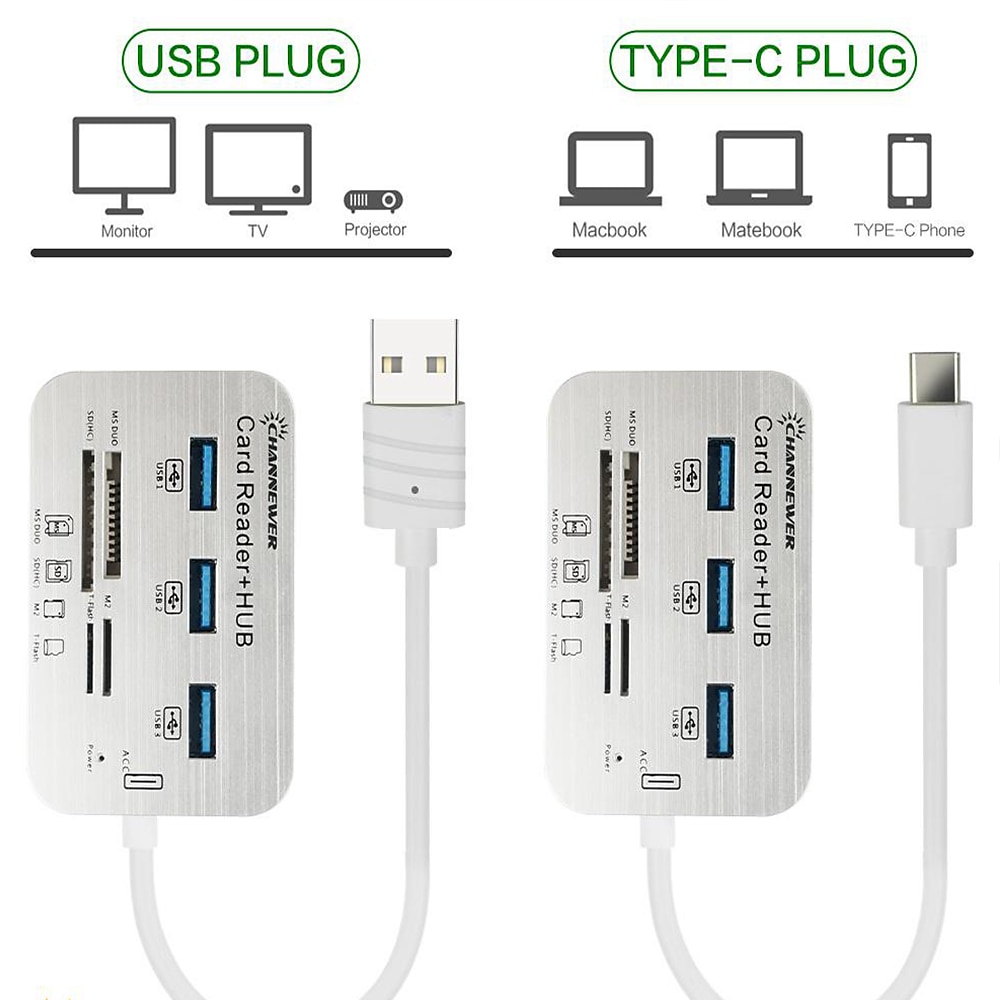 7-in-1 kaartlezer met 3 poorten usb 3.0 snelle externe geheugenkaartlezer ingebouwde msmicro sdsd/mmcm2tf kaartsleuven abs adapter van aluminiumlegering stonego computerrandapparatuur compatibel met 2025 - $14.99 –P7