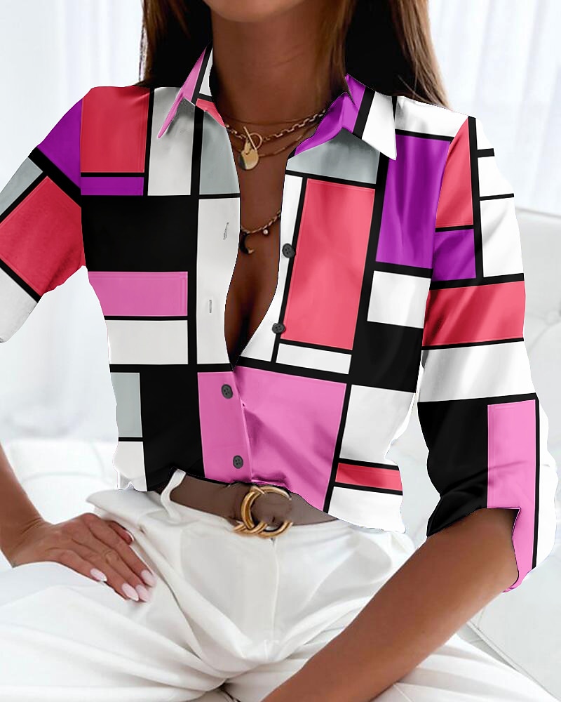 Camicia da donna a maniche lunghe con bottoni blusa base a blocchi di colore stampa bottoni top regolari colletto camicia casual vacanza giallo rosso blu primavera autunno del 2025 a $26.99 –P3