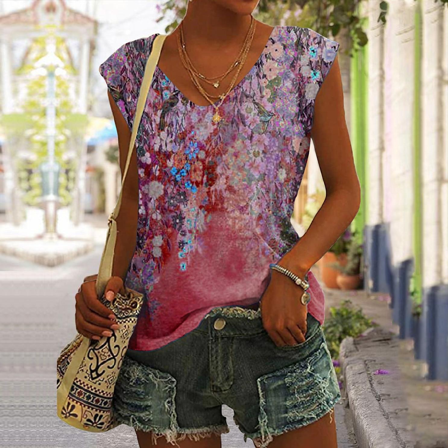 Dames Singlet Bloemig Rood blauw Groen Afdrukken Mouwloos Feestdagen Basic V-hals Normale pasvorm 2025 - $13.49 –P4