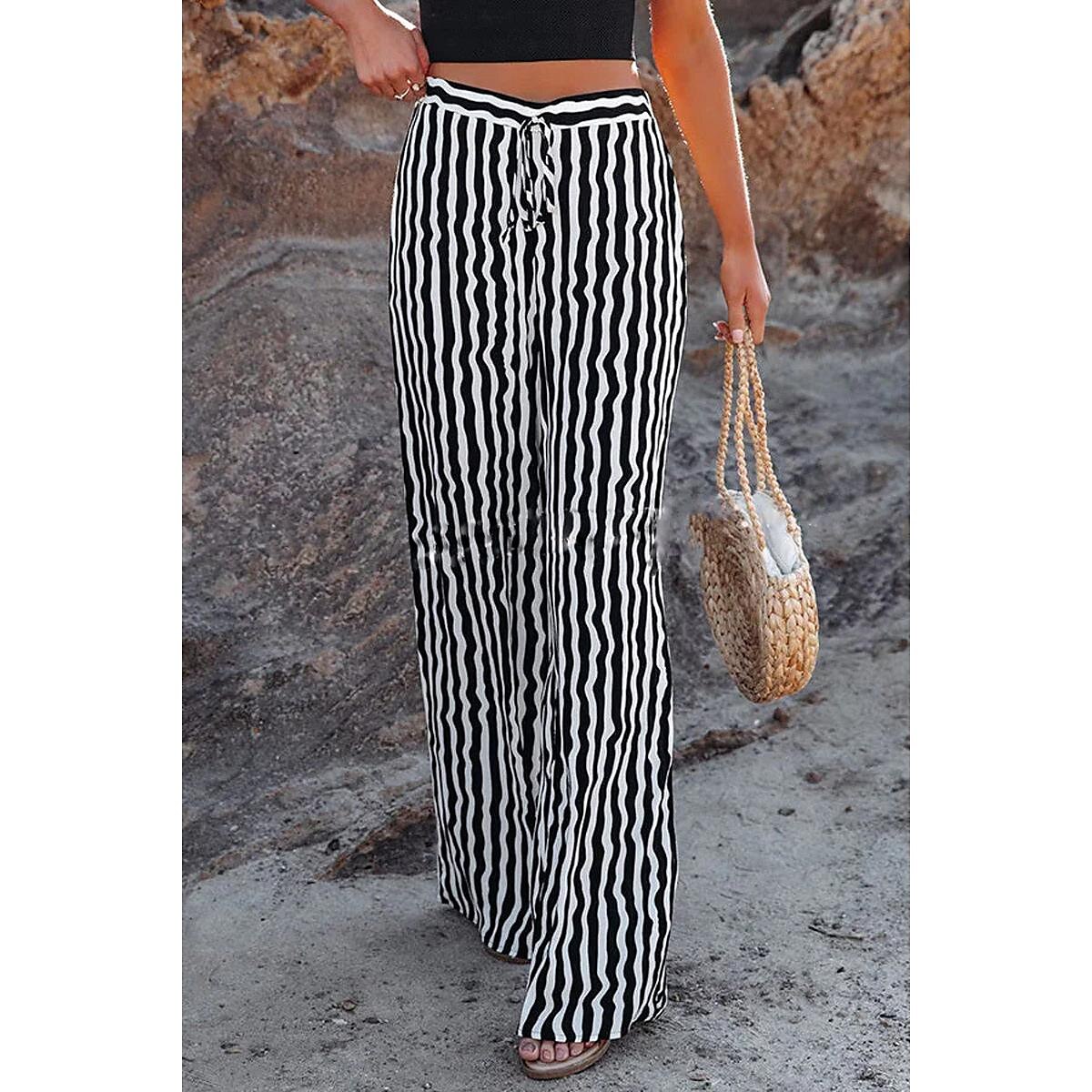 Women's Wide Leg Pants Trousers White Fashion Casual Daily Side Pockets Wide Leg Full Length Comfort Striped S M L XL 2023 - US $26.99 –P1