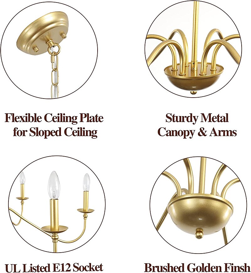 Gold Chandelier 6-Light Modern Brass Farmhouse Chandelier Wrought Iron Classic Candle Ceiling Pendant Light Fixture for Dining Room Living Room Kitchen Island Entry Stairwell, Dia 35" 110-240V 2025 - $292.29 –P2