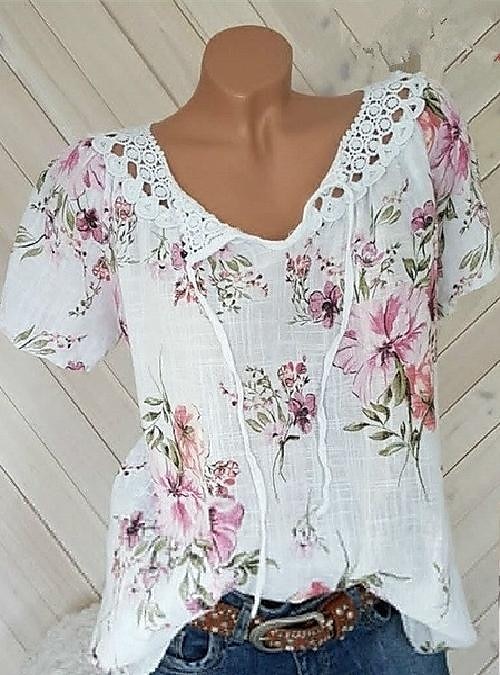 Blouses en dentelle blanche élégante pour femmes blouses ajourées basiques florales imprimées courtes tops réguliers col en V décontractés romantiques petits tops pour l'été vêtements de vacances de 2025 ? $16.99 –P6