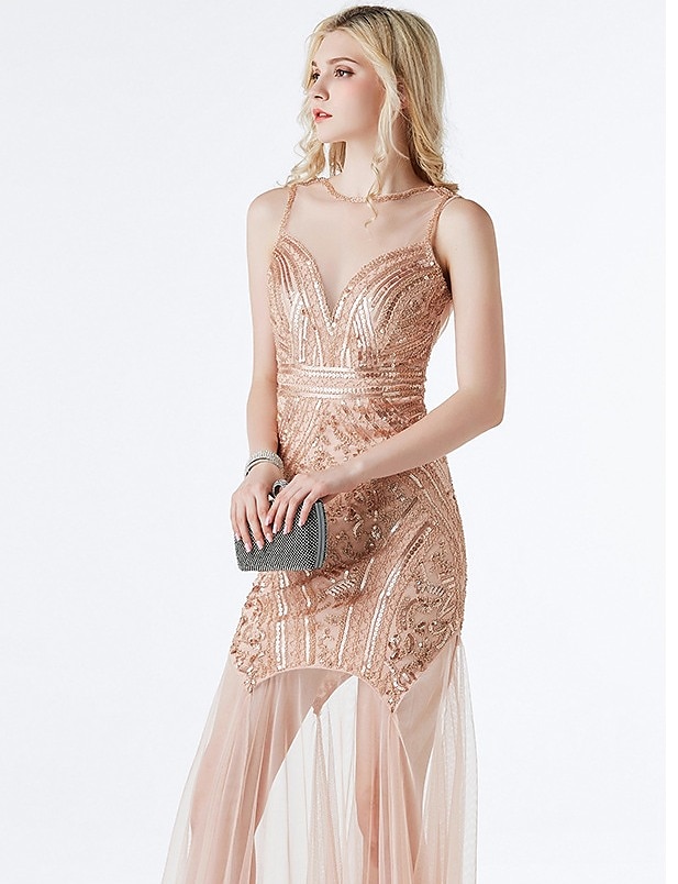 Retro vintage Roaring jaren '20 Jaren 1920 Lange Lengte Flapper jurk Cocktailjurk Jaren ‘20 flapper hoofdband Mouwloos Bruiloftsgast Pailletten Lovertje Ronde hals Dames Carnaval Valentijnsdag 2025 - $55.99 –P11