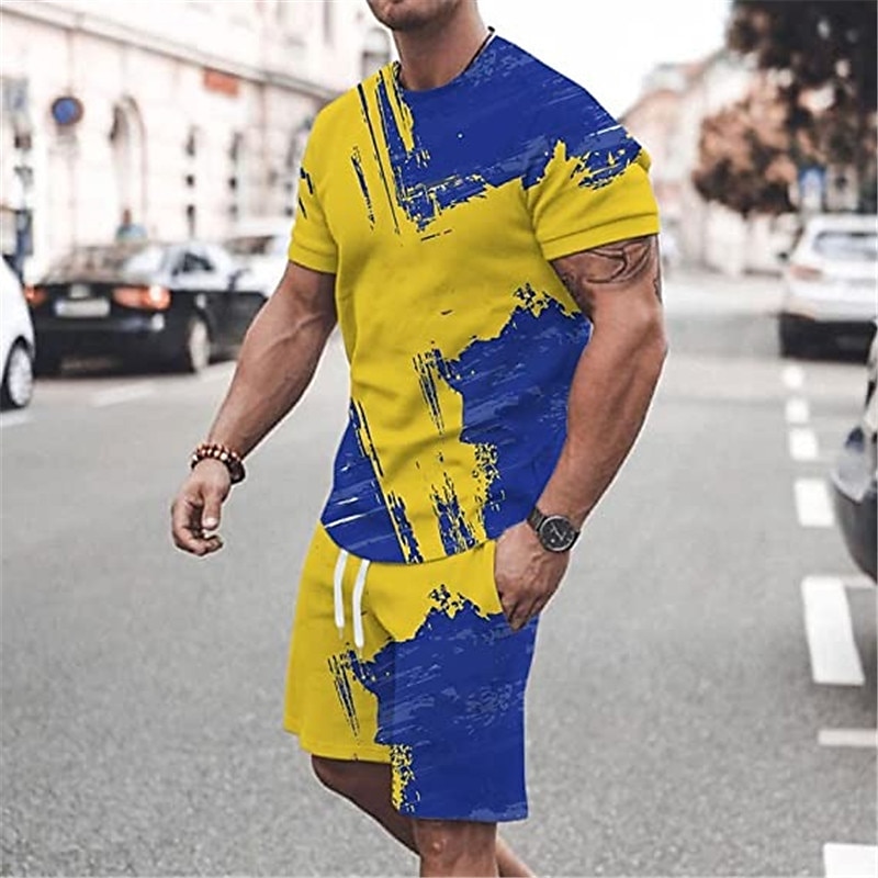 Herre Grafisk Fargeblokk 2stk T-skjorter sett Matchende sett Kortermet Korte bukser Crew-hals Designer Fritid Bekvem utendørs Feriereise Daglig 3D-utskrift Vår sommer Svart Hvit Gul 2025 - $30.99 –P4