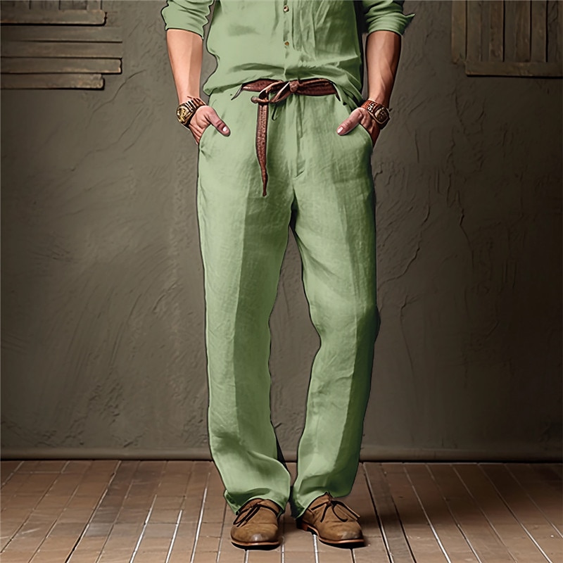 Men's Linen Pants Trousers Summer Pants Beach Pants Pocket Straight Leg Plain Comfort Breathable Casual Daily Holiday Fashion Classic Style White Khaki 2025 - $27.99 –P1