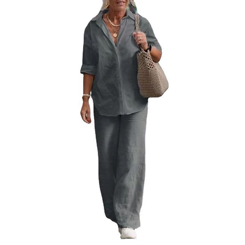 Per donna Elegante Moda Essenziale Camicia Set di biancheria in cotone Set da due pezzi Pantaloni Manica Lunga Colletto a Camicia Tinta unica Casual Quotidiano Rosa Blu marino scuro Blu Autunno del 2025 a $29.99 –P8