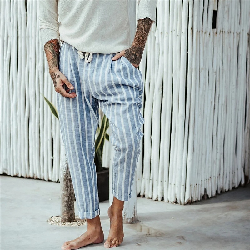 Striped Linen Look Wide Leg Beach Pants