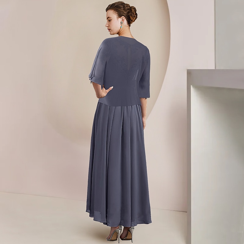 Dvoudílné A-line šaty matky nevěsty formální svatební host elegantní lodičkový krk čajová délka šifon krajka 3/4 délky rukávu s aplikacemi řasením zahrnutým s volným vlastním rozměrem 2025 - $167.99 –P6