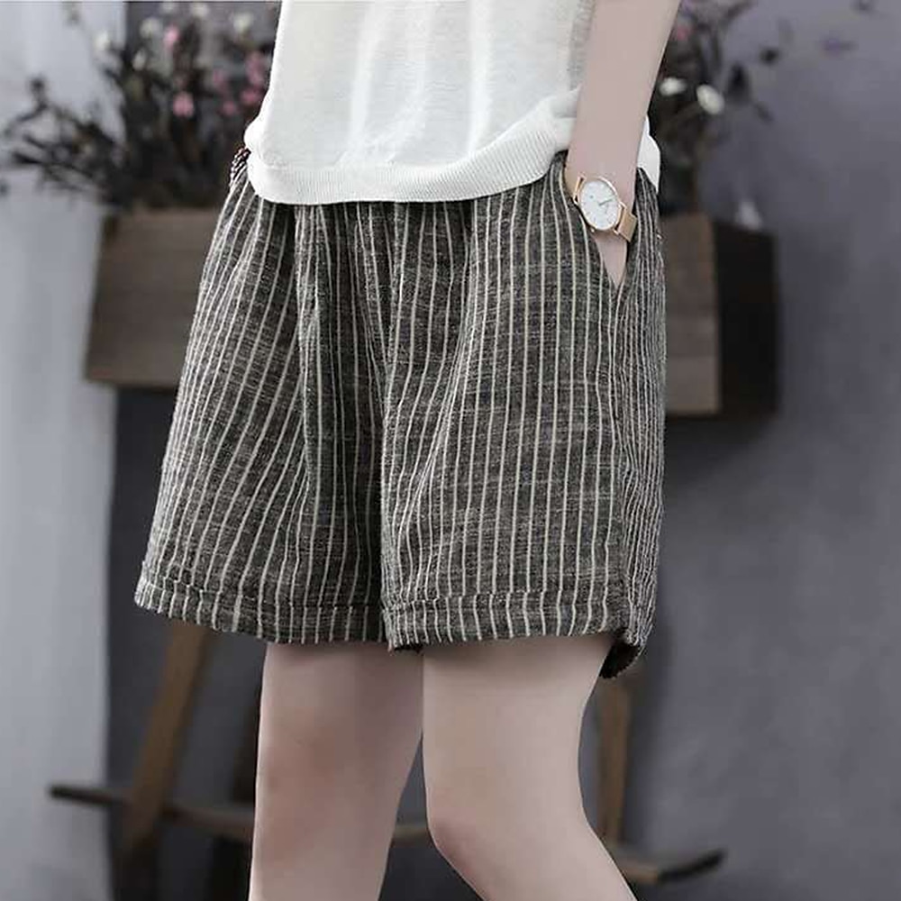 Damen Shorts aus Baumwollleinen Bermudashorts Mode Basic Lässig Kurz Hohe Taille Gestreift Seitentaschen Baggy Komfort Unelastisch Urlaub Straße Alltagstauglich Grau Normale Passform 2025 - $12.99 –P3