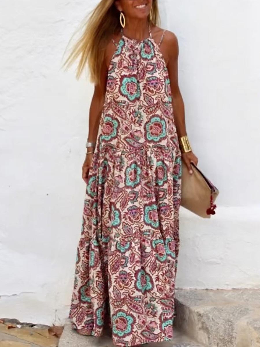 Dámské Maxi dlouhé šaty Volnočasové šaty Letní šaty Boho šaty Šaty s ohlávkou ke krku Čechy Módní Šik ven Venkovní Denní Dovolená Běžný Květinový Bez rukávů Krk ohlávky Rubínově červená Léto Jaro 2025 - $33.99 –P3