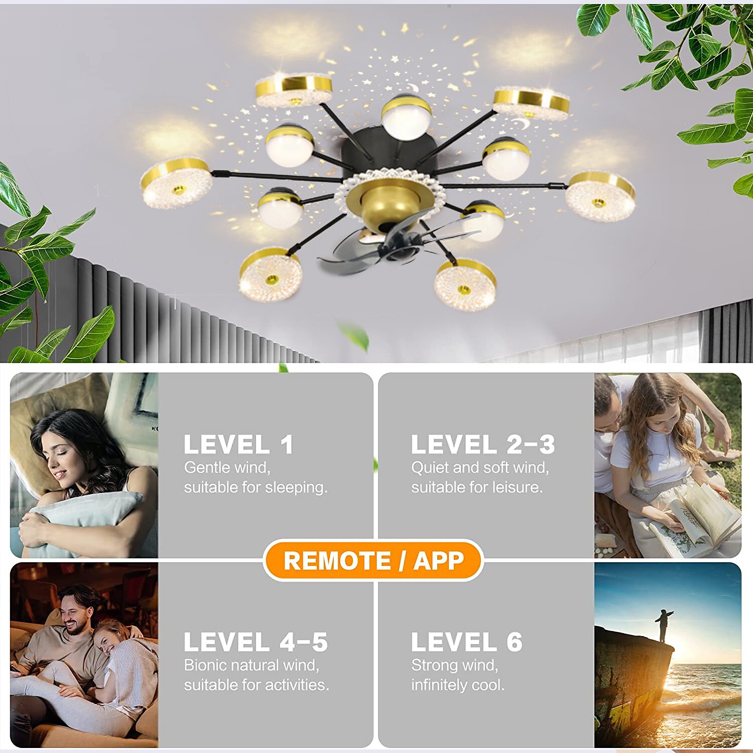 stropní ventilátor s aplikací světla& dálkové ovládání 102 cm stmívatelné 6 rychlostí větru sputnik designová projekce moderní stropní ventilátor do ložnice, obývacího pokoje, malého pokoje 2025 - $417.49 –P2