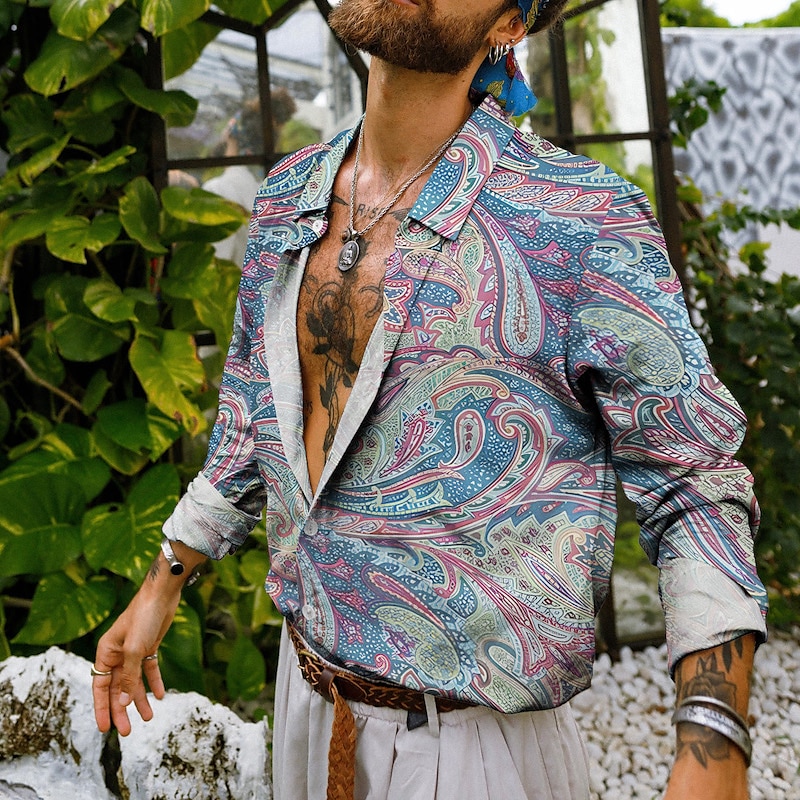 Herren Blumen Hemd Boho-Shirt Langarm Tropisch Sport Strassenmode Outdoor Casual Täglich Herbst Winter Umlegekragen Bedruckt Button-Down Schwarz Rosa Marineblau Blau Purpur 2025 - $26.99 –P5