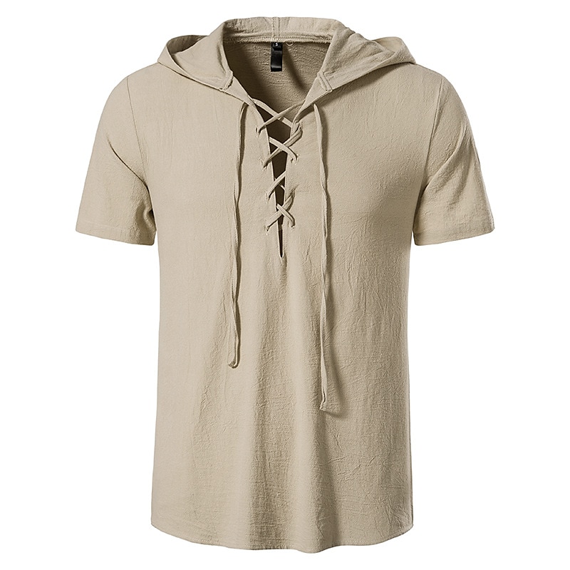 t-shirt vichinga medievale in cotone a maniche corte con cappuccio camicie da uomo in stile retrò con lacci hippie abbinati al costume larp del 2025 a $37.99 –P4