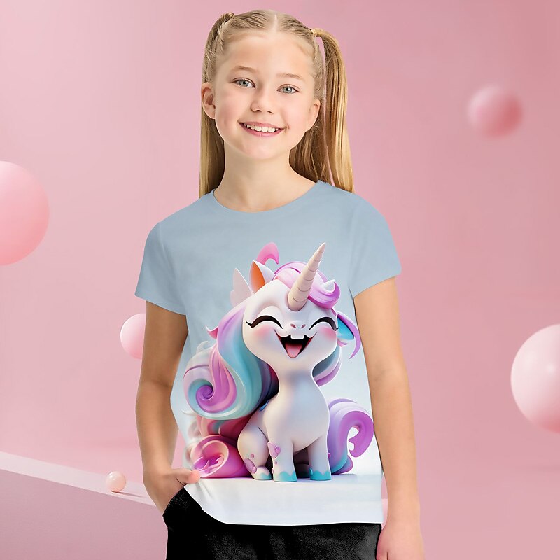 Jente 3D Grafisk Tegneserie enhjørning T skjorte T-skjorte Kortermet 3D-utskrift Sommer Vår Aktiv Mote søt stil Polyester Barn 3-12 år utendørs Avslappet Daglig Normal 2025 - $10.99 –P5
