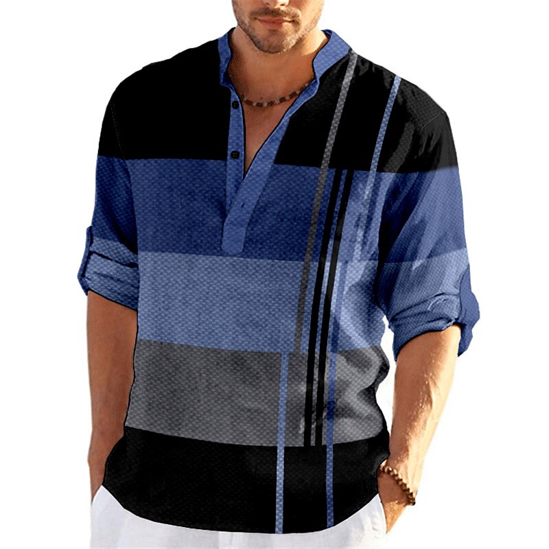 Men's Striped Geometric Pattern Geometry Shirt Button Up Shirt Long Sleeve Fashion Streetwear Designer Casual Going out Summer Spring Fall Stand Collar Print Blue-Green Yellow Black / Purple Red 2025 - $24.99 –P6