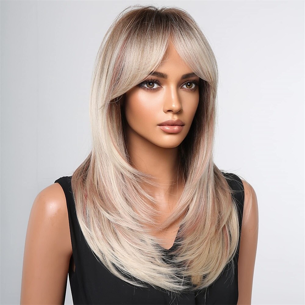 parrucche ombre castane bionde per donne nere parrucche dritte a strati lunghi con frangia d'aria parrucche sintetiche capelli naturali per uso quotidiano parrucche barbiecore del 2025 a $21.99 –P10