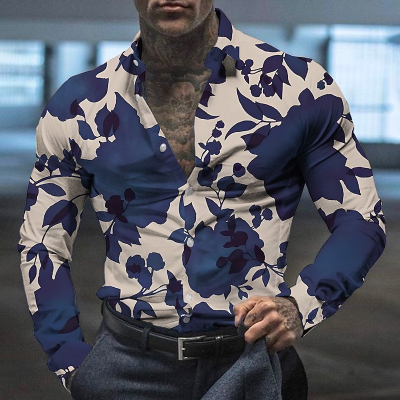 Herren Blumen Hemd Knopfhemd Langarm Modisch Designer Brautkleider schlicht Outdoor Casual Festtage Sommer Frühling Umlegekragen Bedruckt Button-Down Weiß Blau Braun Khaki 2025 - $26.99 –P5